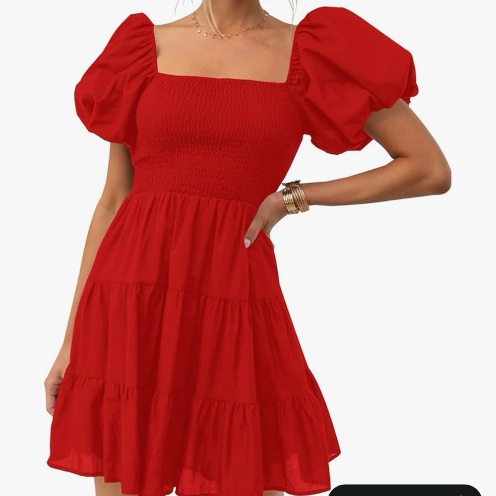 Chic Red Puff Sleeve Midi Dress